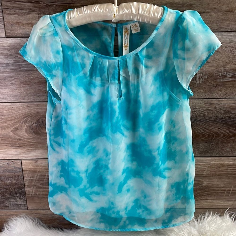 A diva Ladies Sheer Blouse w/ attached Cami, Size Petite Medium, Teal and White